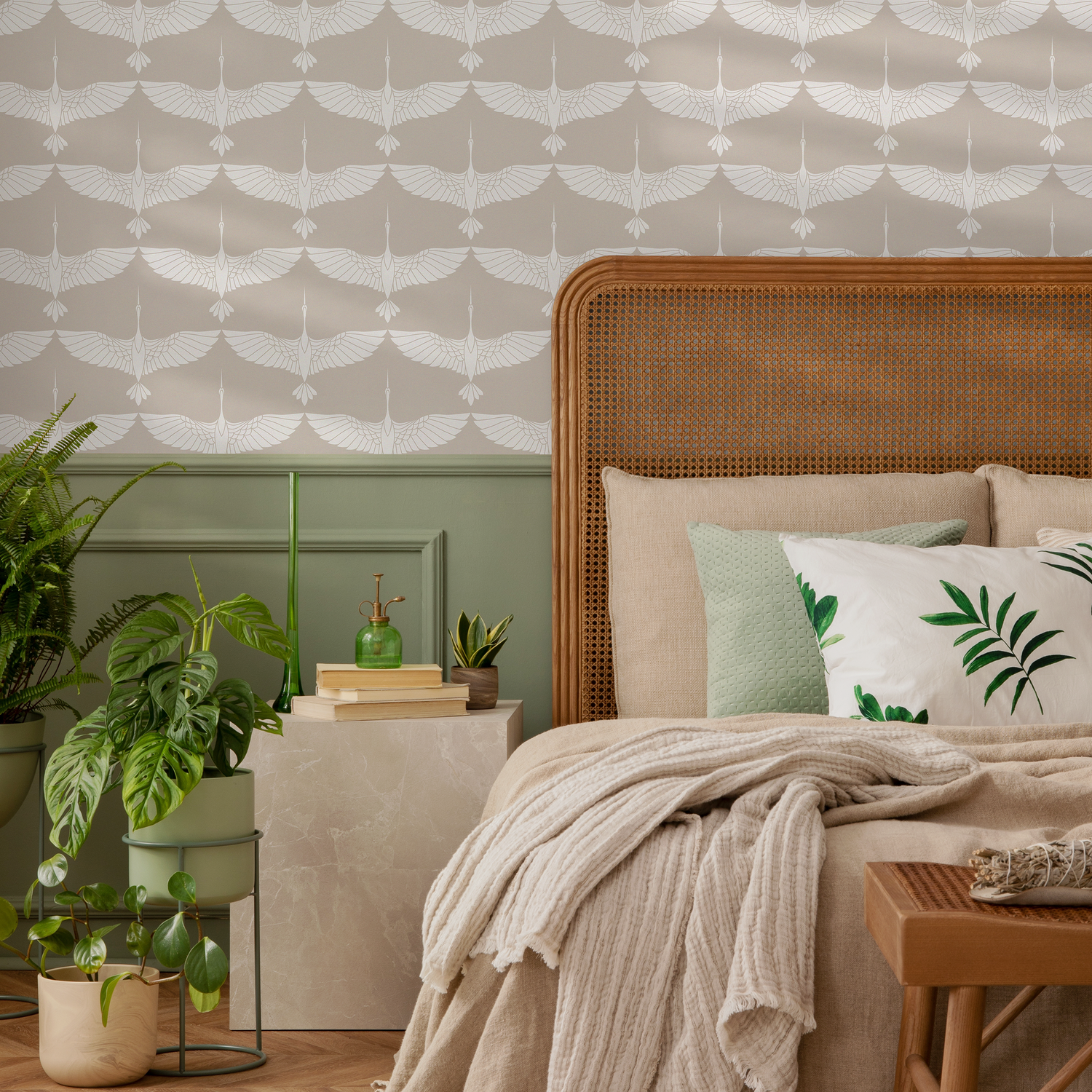 Mid Century Cranes Wallpaper Art Deco Swans Cream Wallpaper / Peel and Stick Wallpaper Removable Wallpaper Home Decor Wall Art - CC-D085