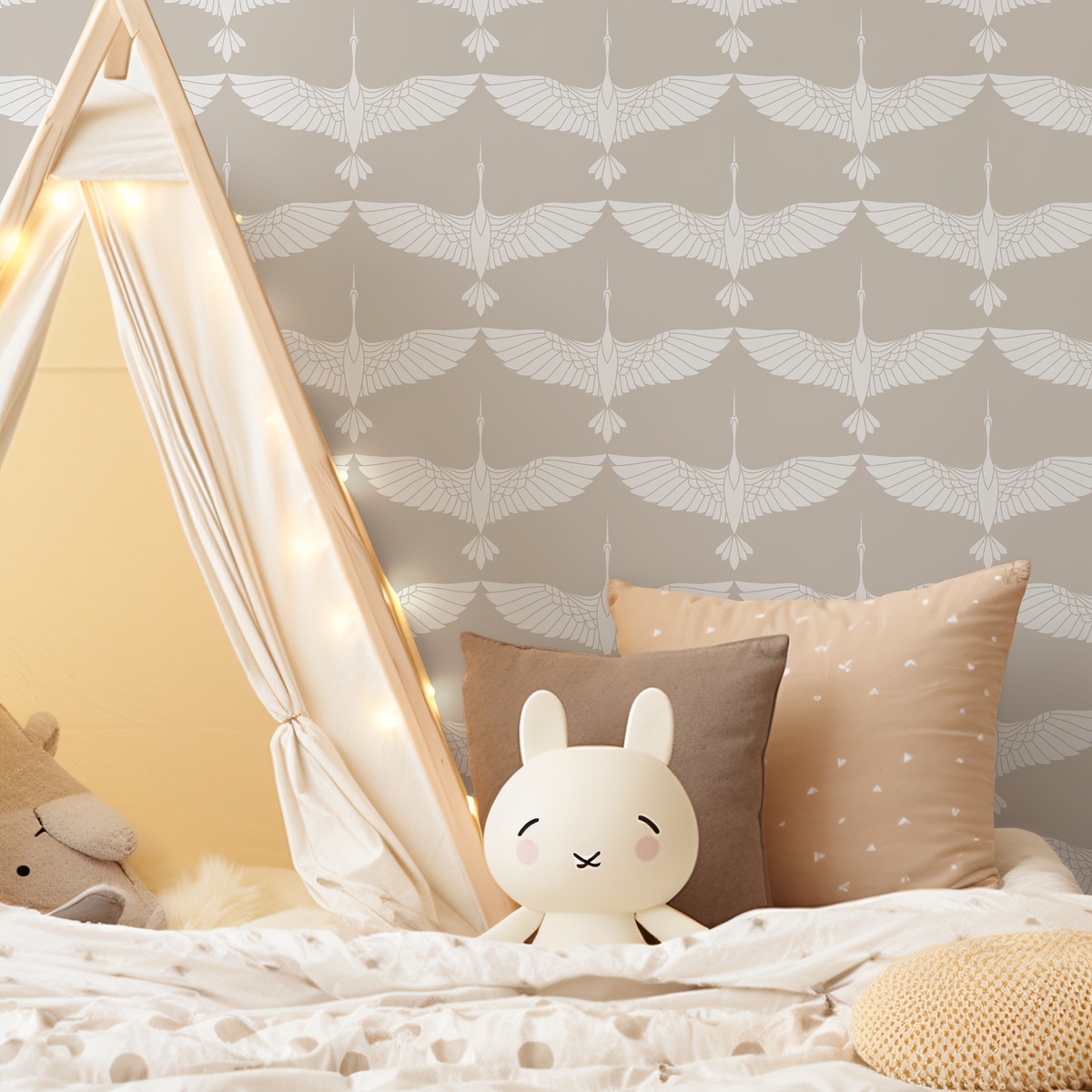 Modern Art Deco Wallpaper with a Stylized Crane Motif in Cream and Taupe - detail view