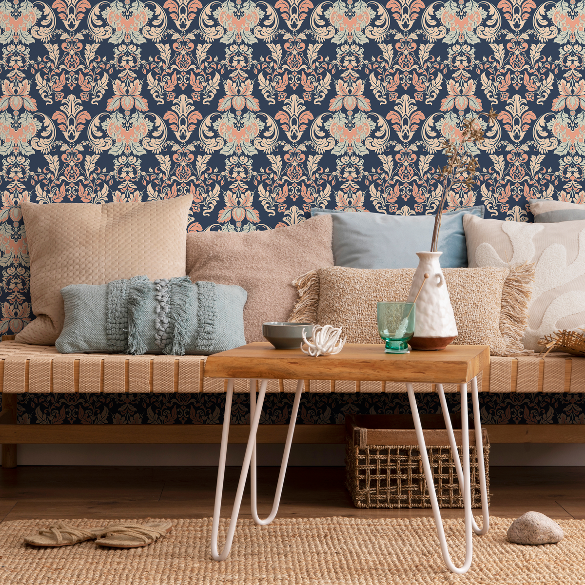 Damask Wallpaper with an Intricate Victorian Motif in Navy Blue, Coral, and Beige - detail view
