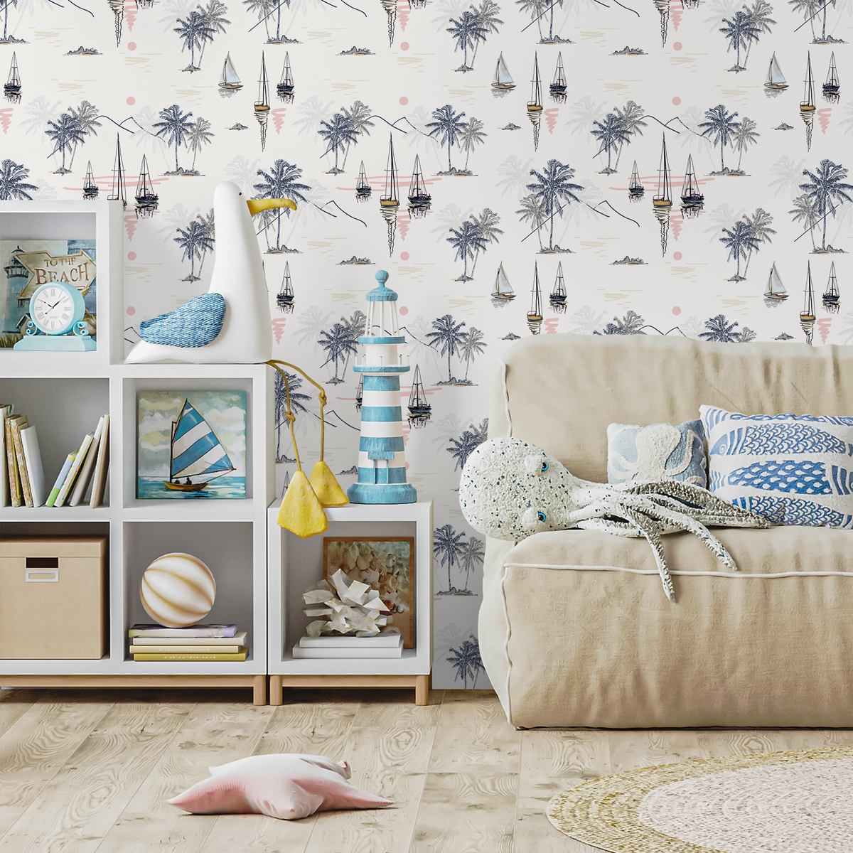 Coastal Wallpaper Featuring Sailboats and Palm Trees in Navy Blue, Beige, and Pink - detail view