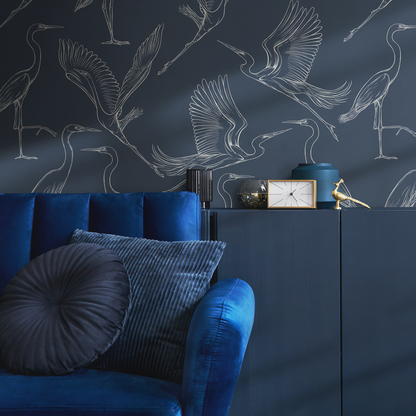 Blue Crane Birds Wallpaper / Peel and Stick Wallpaper Removable Wallpaper Home Decor Wall Art Wall Decor Room Decor - D102