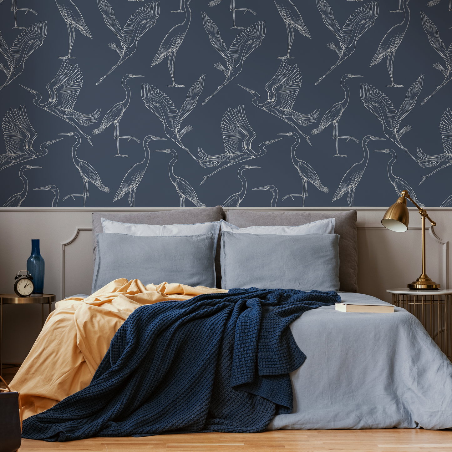 Blue Crane Birds Wallpaper / Peel and Stick Wallpaper Removable Wallpaper Home Decor Wall Art Wall Decor Room Decor - D102