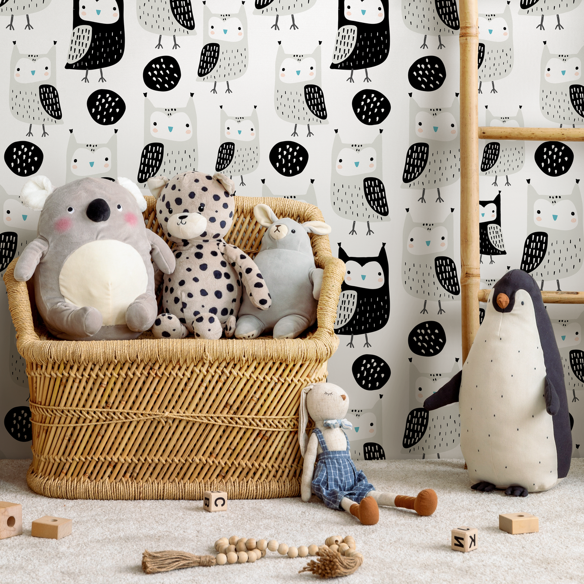 Kids Wallpaper Featuring Hand-Drawn Owls in Black, Gray, and Blue - detail view