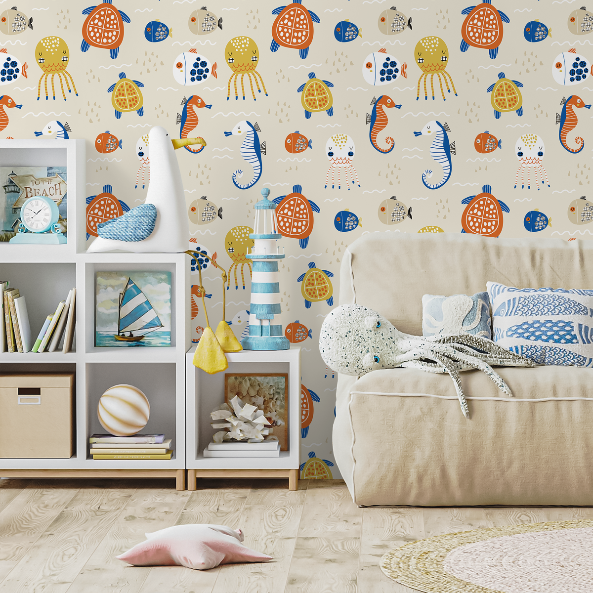 Ocean Wallpaper with Folk Art Sea Creatures in Blue, Orange, and Yellow - detail view