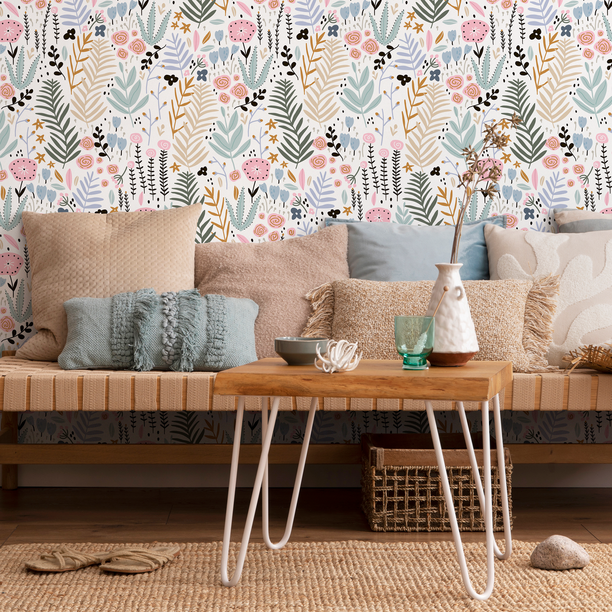 Botanical Wallpaper with a Scandinavian Floral Motif in Pink, Blue, and Black - detail view