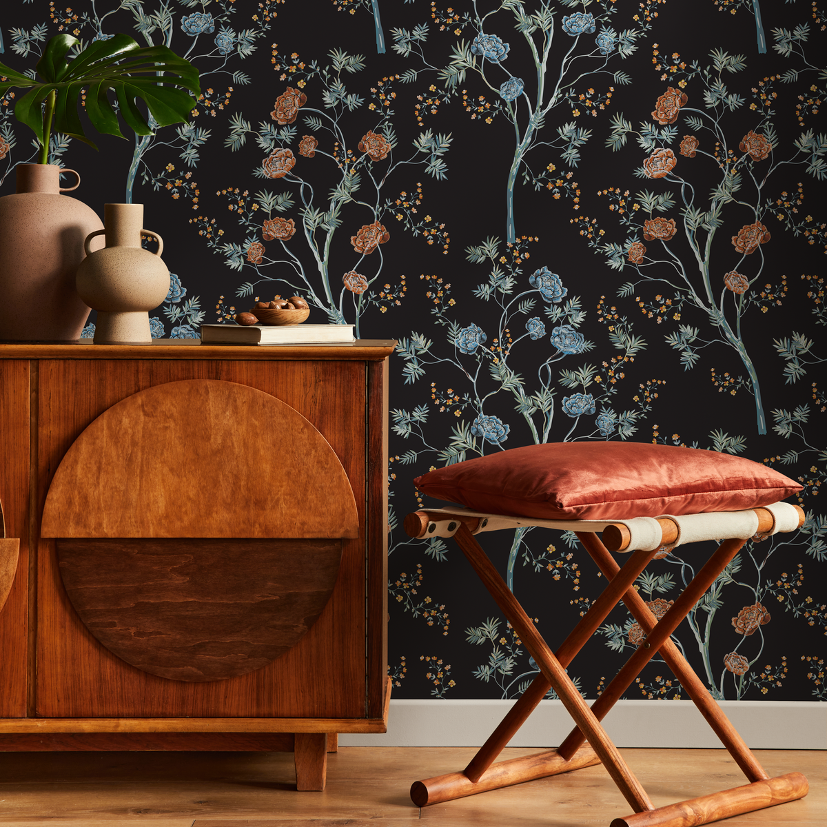 Floral Wallpaper Featuring Elegant Trees in Black, Blue, and Orange - detail view