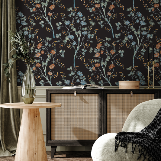 Dark Floral Garden Wallpaper / Peel and Stick Wallpaper Removable Wallpaper Home Decor Wall Art Wall Decor Room Decor - D122