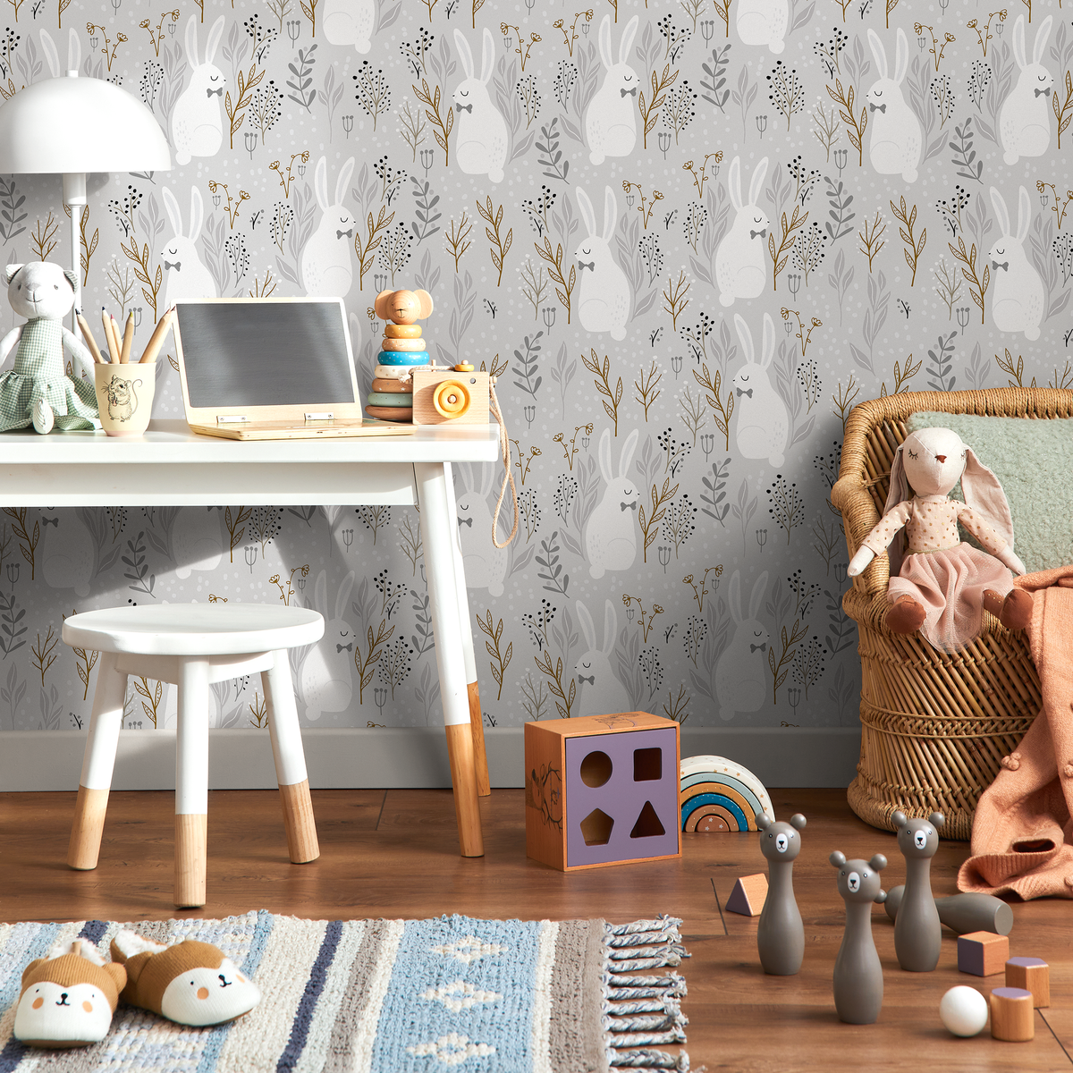 Nursery Wallpaper with a Whimsical Bunny Motif in Gray, Gold, and Black - detail view