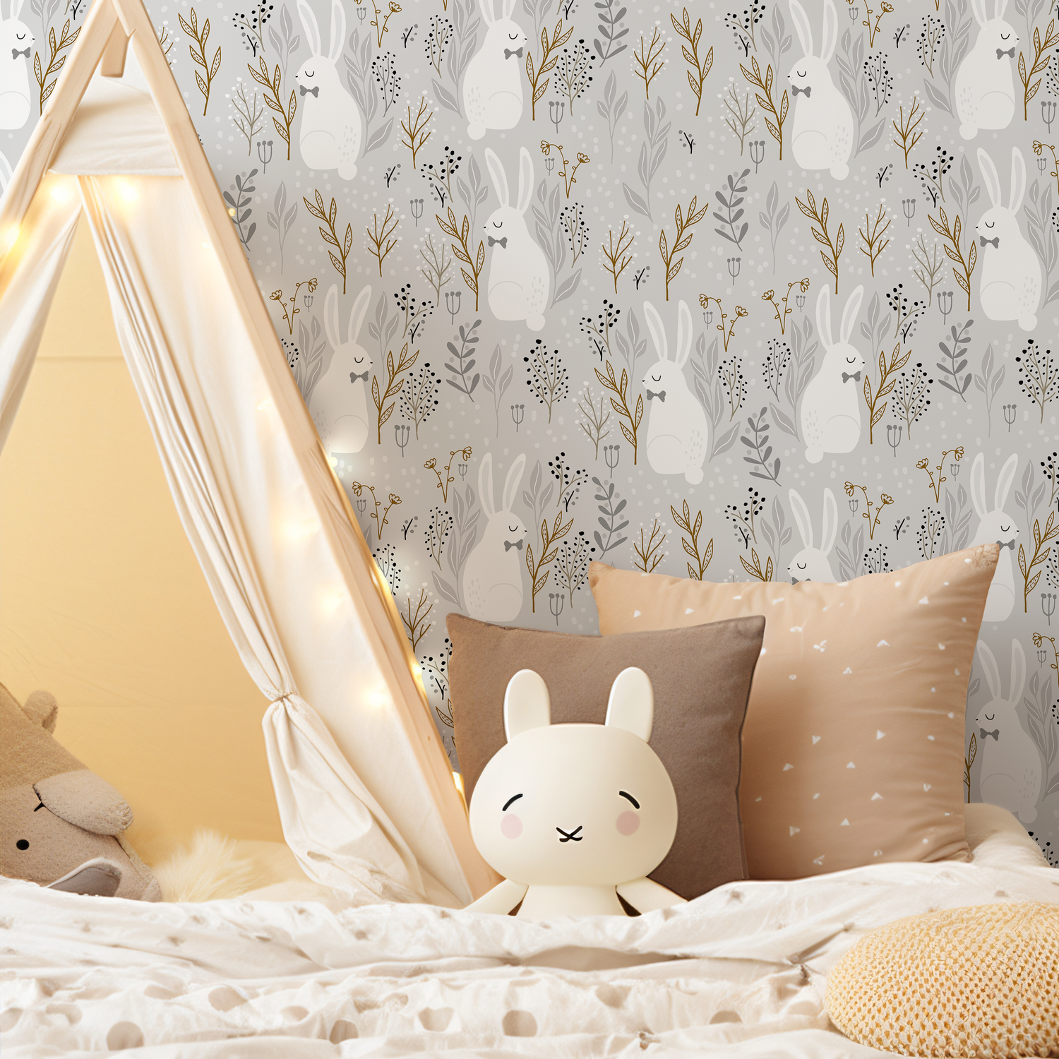 Papel pintado de conejito gris para habitación infantil / Papel pintado autoadhesivo / Papel pintado extraíble / Decoración del hogar / Arte de pared / Decoración de habitación - D124