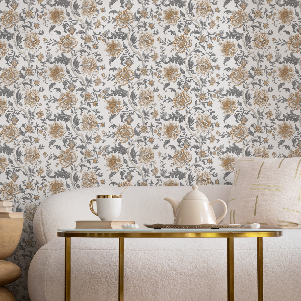 Floral Wallpaper Featuring Intricate Floral Vines in Tan and Grey - detail view