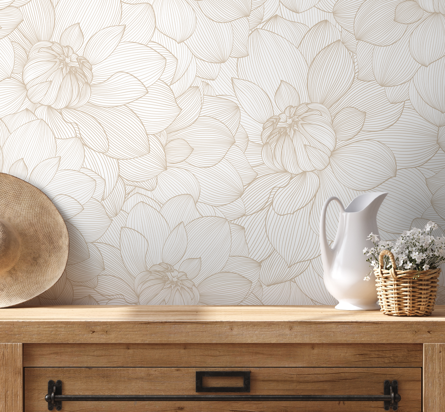 Floral Wallpaper with a Neutral Peony Line Art in Beige and Cream - D144