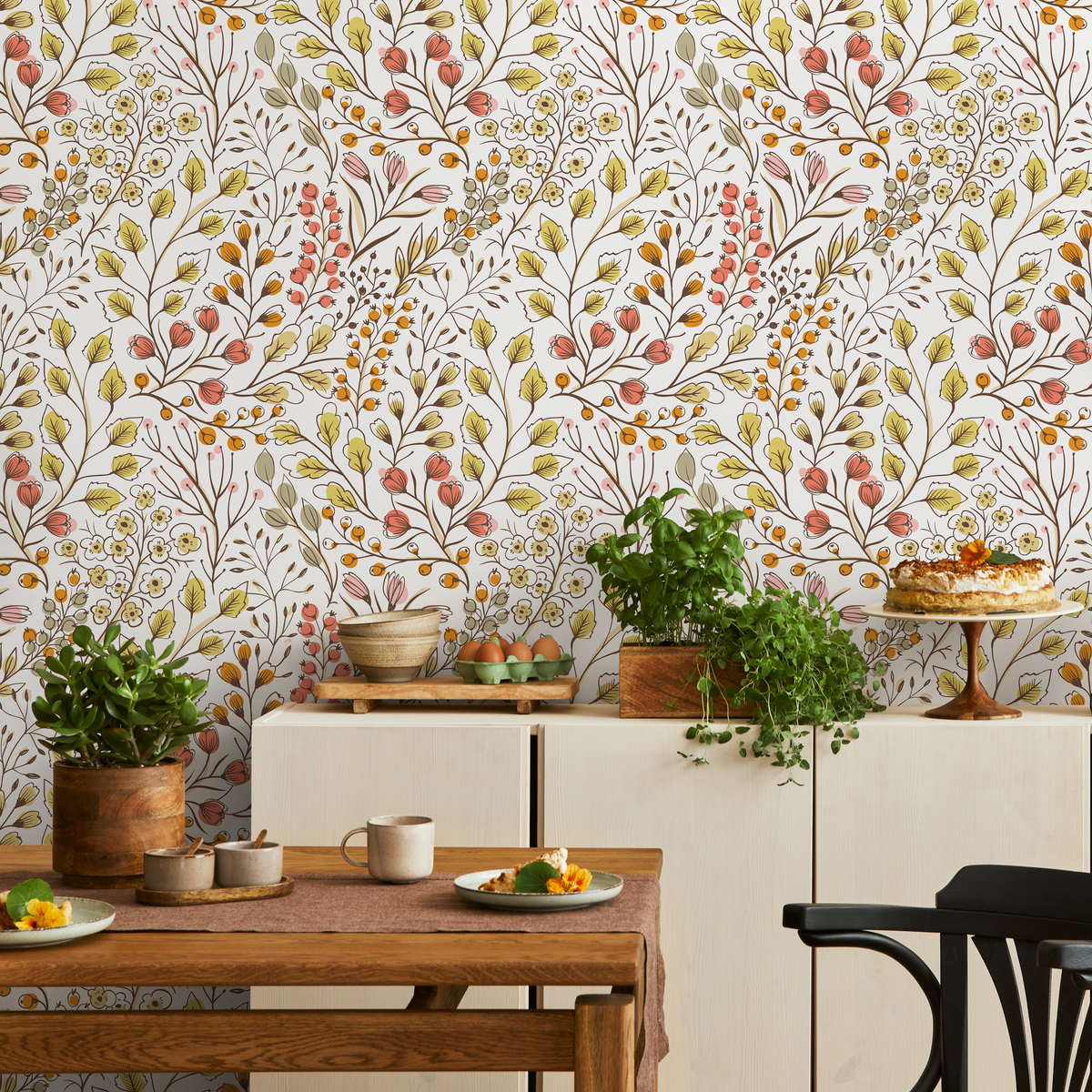 Floral Wallpaper with a Whimsical Botanical Motif in Pink, Yellow, and Green - detail view