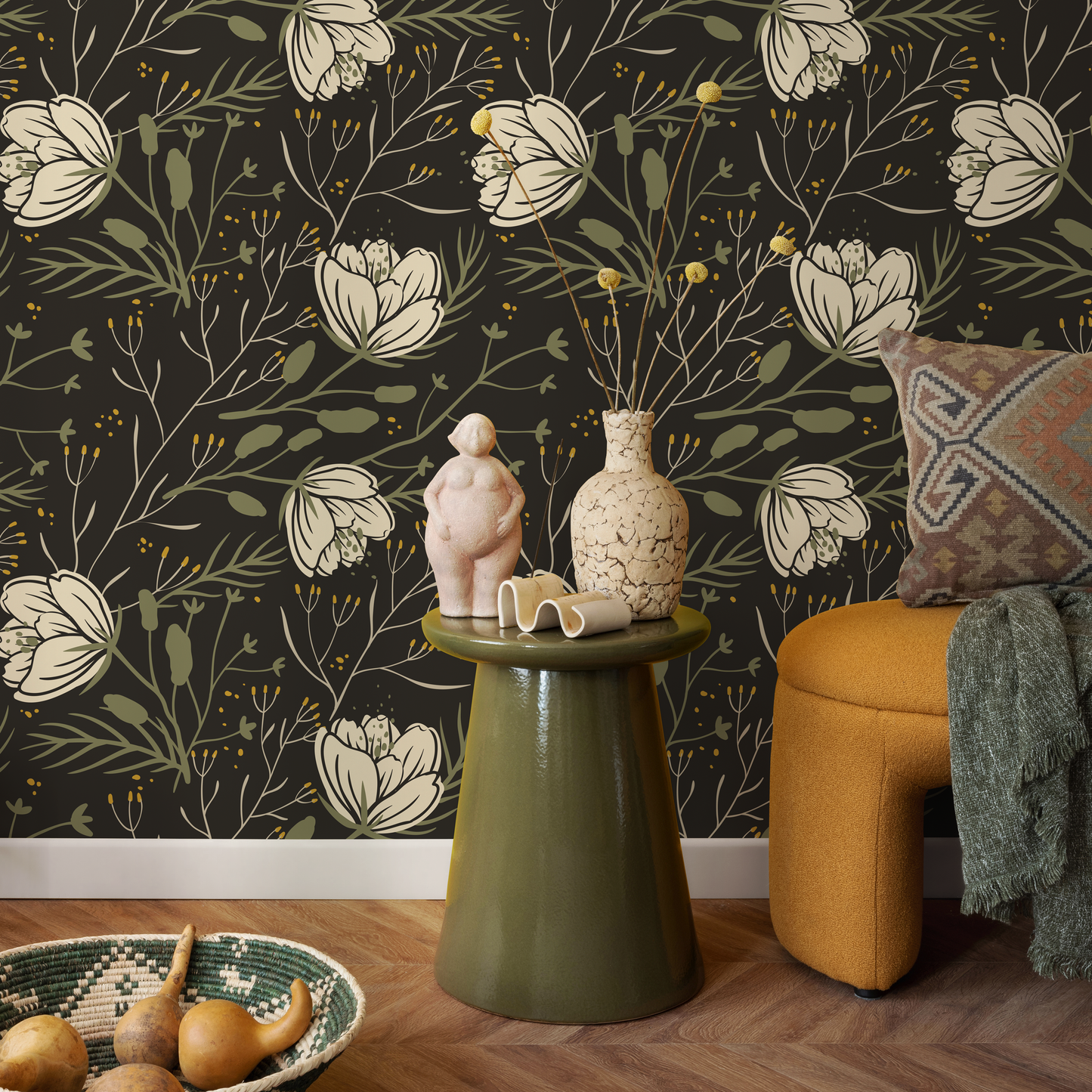 Dark Floral Scandinavian Wallpaper / Peel and Stick Wallpaper Removable Wallpaper Home Decor Wall Art Wall Decor Room Decor - D149