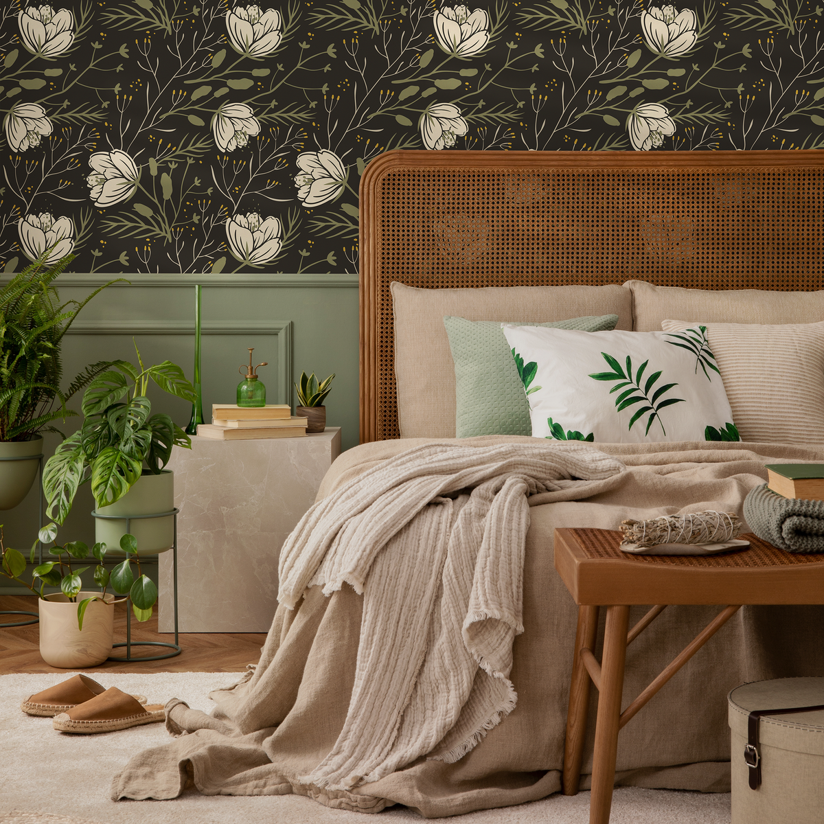 Dark Floral Scandinavian Wallpaper / Peel and Stick Wallpaper Removable Wallpaper Home Decor Wall Art Wall Decor Room Decor - D149 - ONDECOR.COM