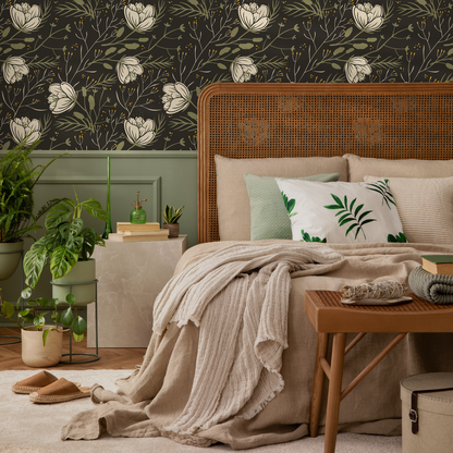 Dark Floral Scandinavian Wallpaper / Peel and Stick Wallpaper Removable Wallpaper Home Decor Wall Art Wall Decor Room Decor - D149