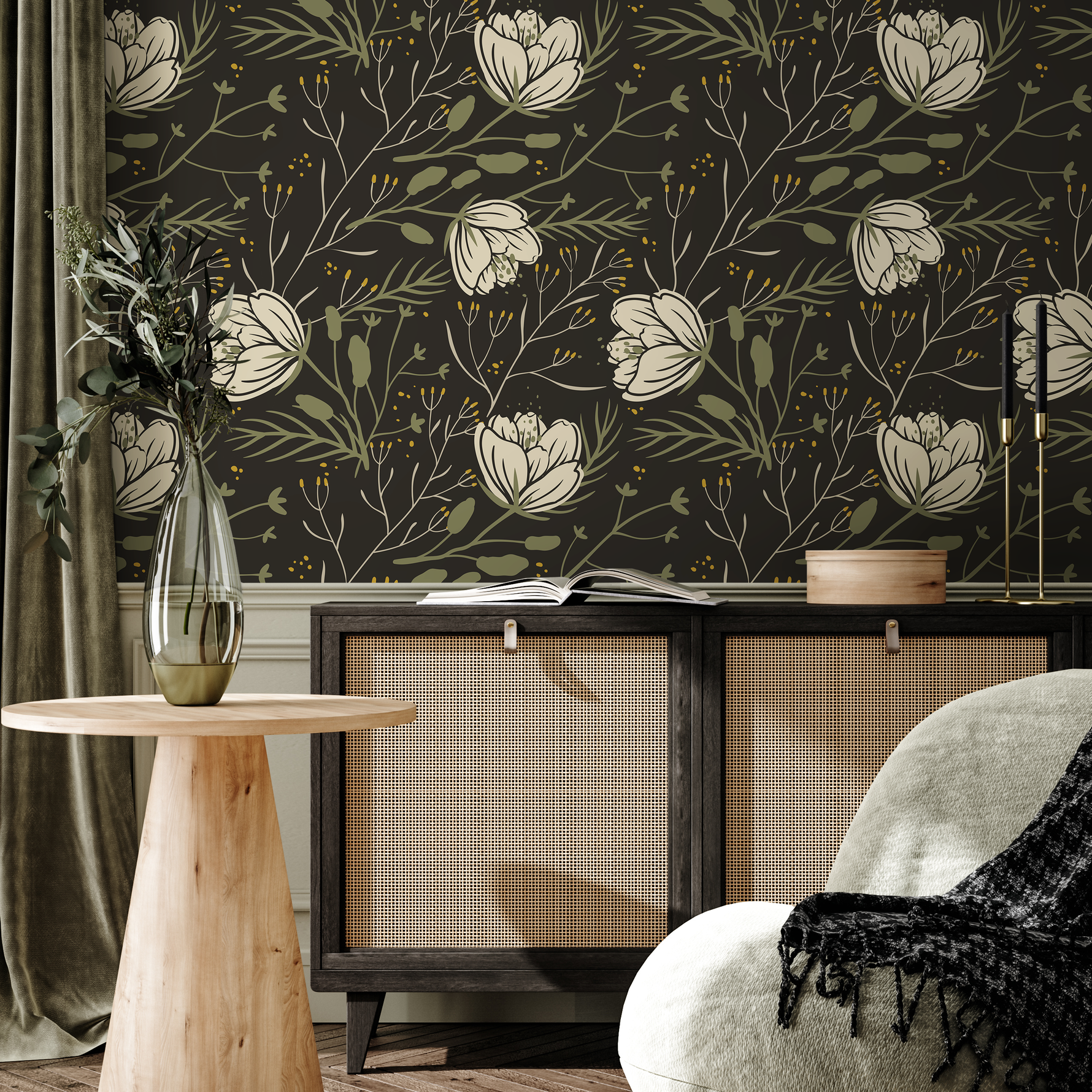 Dark Floral Scandinavian Wallpaper / Peel and Stick Wallpaper Removable Wallpaper Home Decor Wall Art Wall Decor Room Decor - D149 - ONDECOR.COM