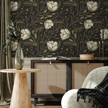 Dark Floral Scandinavian Wallpaper / Peel and Stick Wallpaper Removable Wallpaper Home Decor Wall Art Wall Decor Room Decor - D149