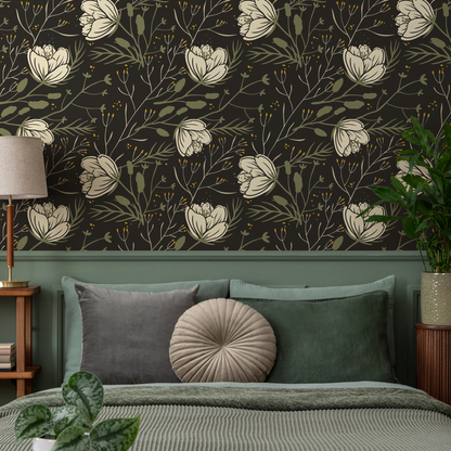 Dark Floral Scandinavian Wallpaper / Peel and Stick Wallpaper Removable Wallpaper Home Decor Wall Art Wall Decor Room Decor - D149