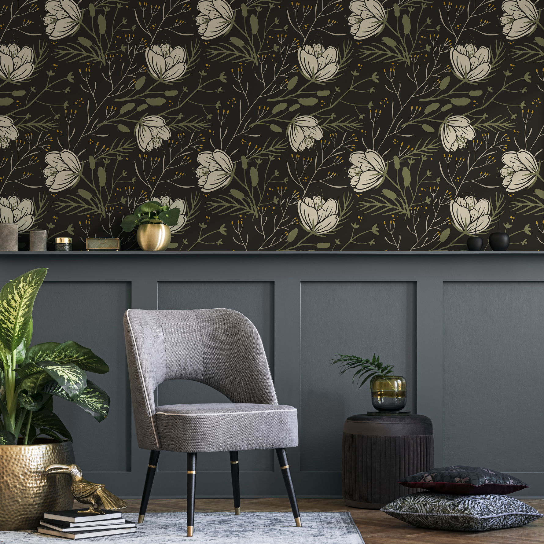 Dark Floral Scandinavian Wallpaper / Peel and Stick Wallpaper Removable Wallpaper Home Decor Wall Art Wall Decor Room Decor - D149 - ONDECOR.COM