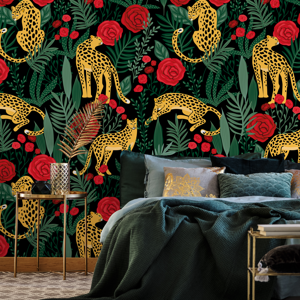 Botanical Wallpaper with Leopards and Red Roses in Green and Yellow - detail view