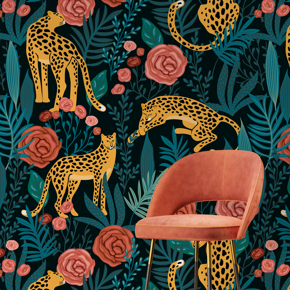 Animal Wallpaper Featuring Jungle Leopards and Roses in Pink, Yellow, and Teal - detail view