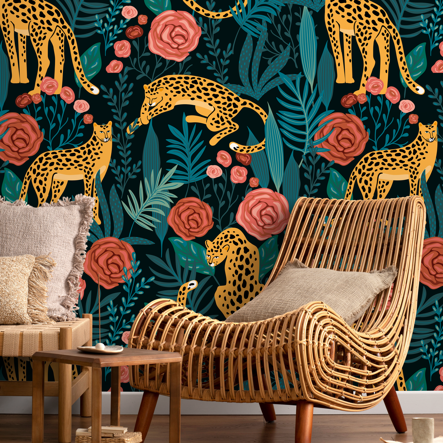 Papier peint autocollant motif tigre et roses - Décoration d'intérieur - D155