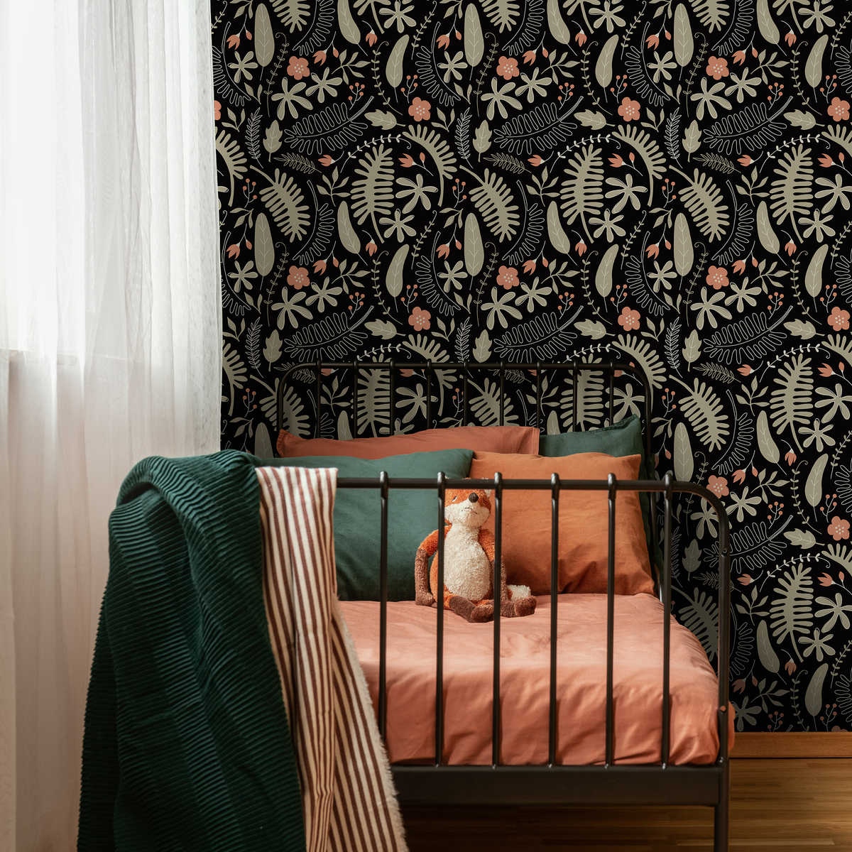 Botanical Wallpaper with a Stylized Fern Motif in Black, Green, and Coral - detail view