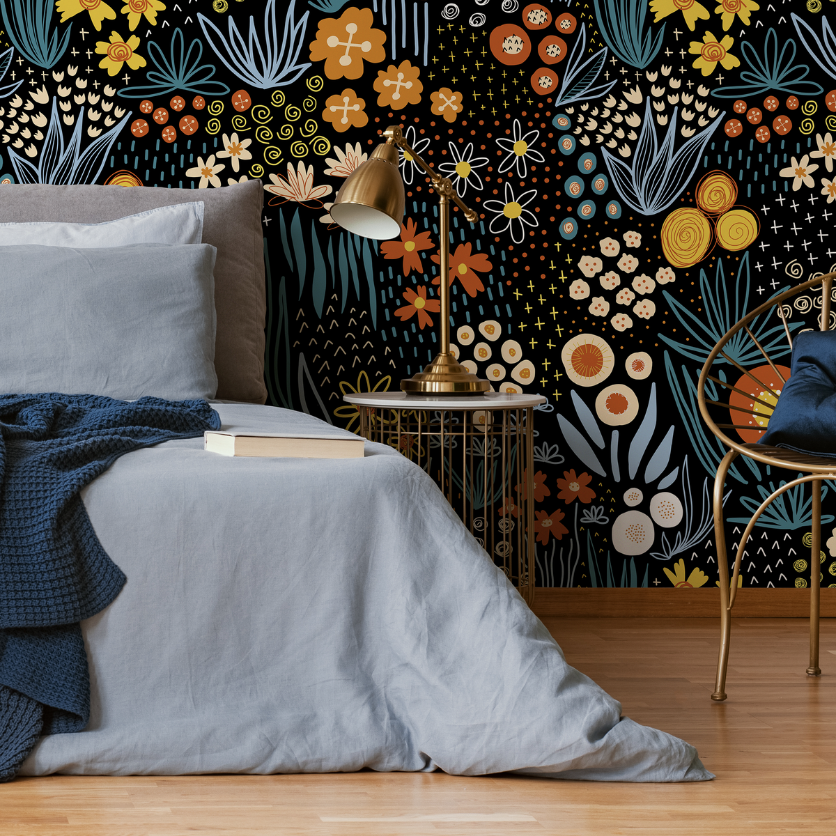 Floral Wallpaper with Stylized Wildflowers in Black, Orange, and Blue - detail view