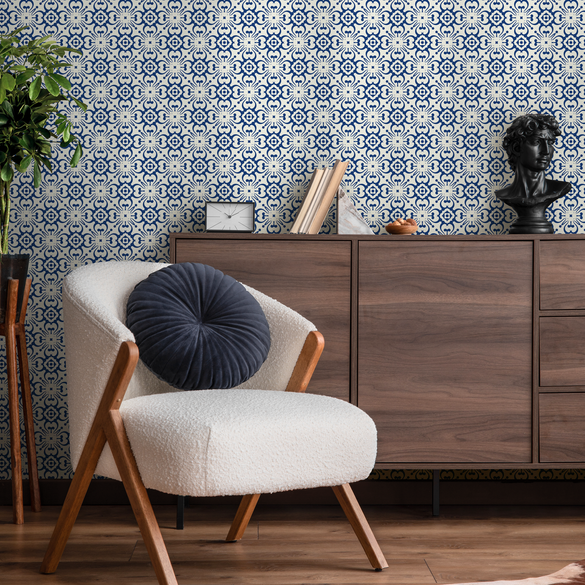 Tile Wallpaper with a Classic Azulejo Pattern in Blue and Cream - detail view