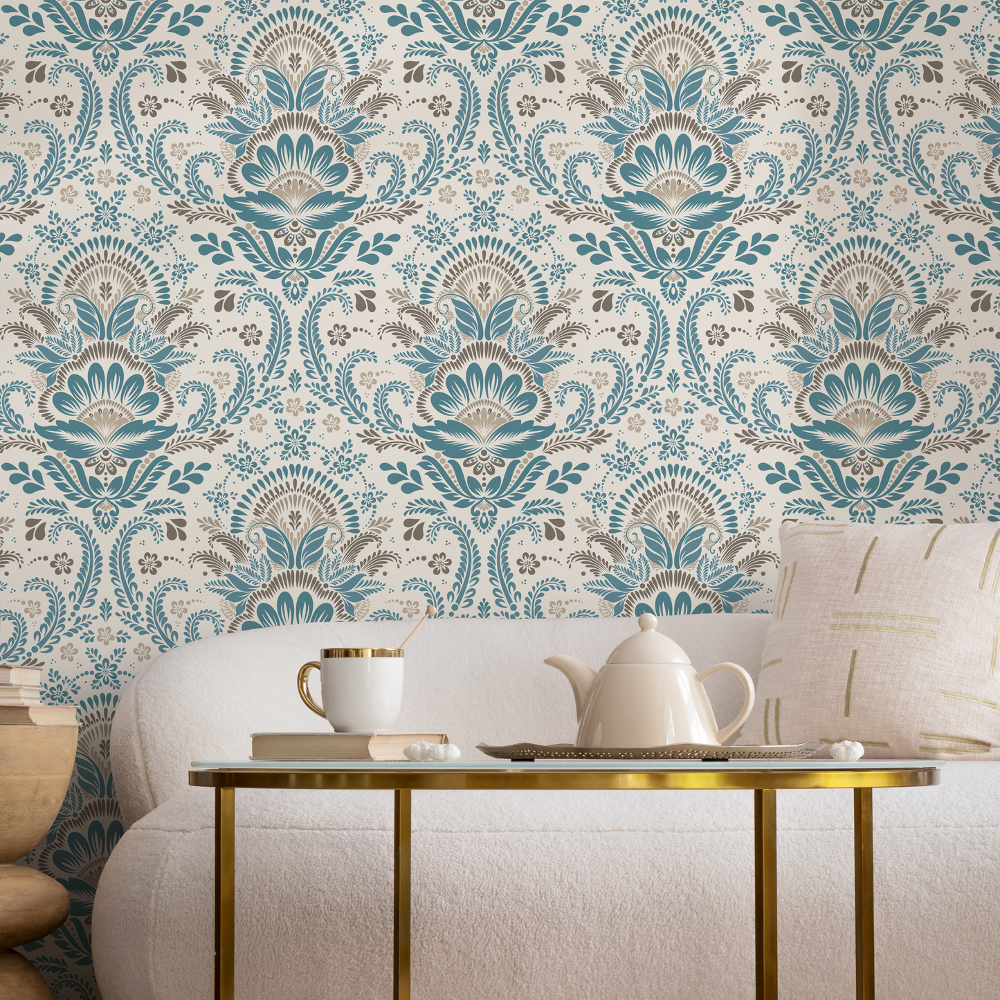 Blue and Beige Damask Wallpaper / Peel and Stick Wallpaper Removable Wallpaper Home Decor Wall Art Wall Decor Room Decor - D186