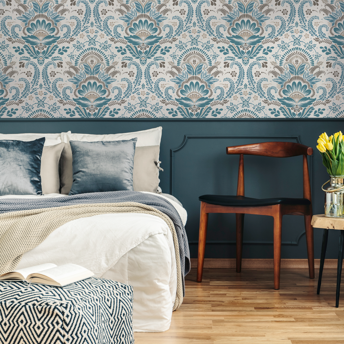 Damask Wallpaper with an Intricate Floral Motif in Teal and Beige - detail view