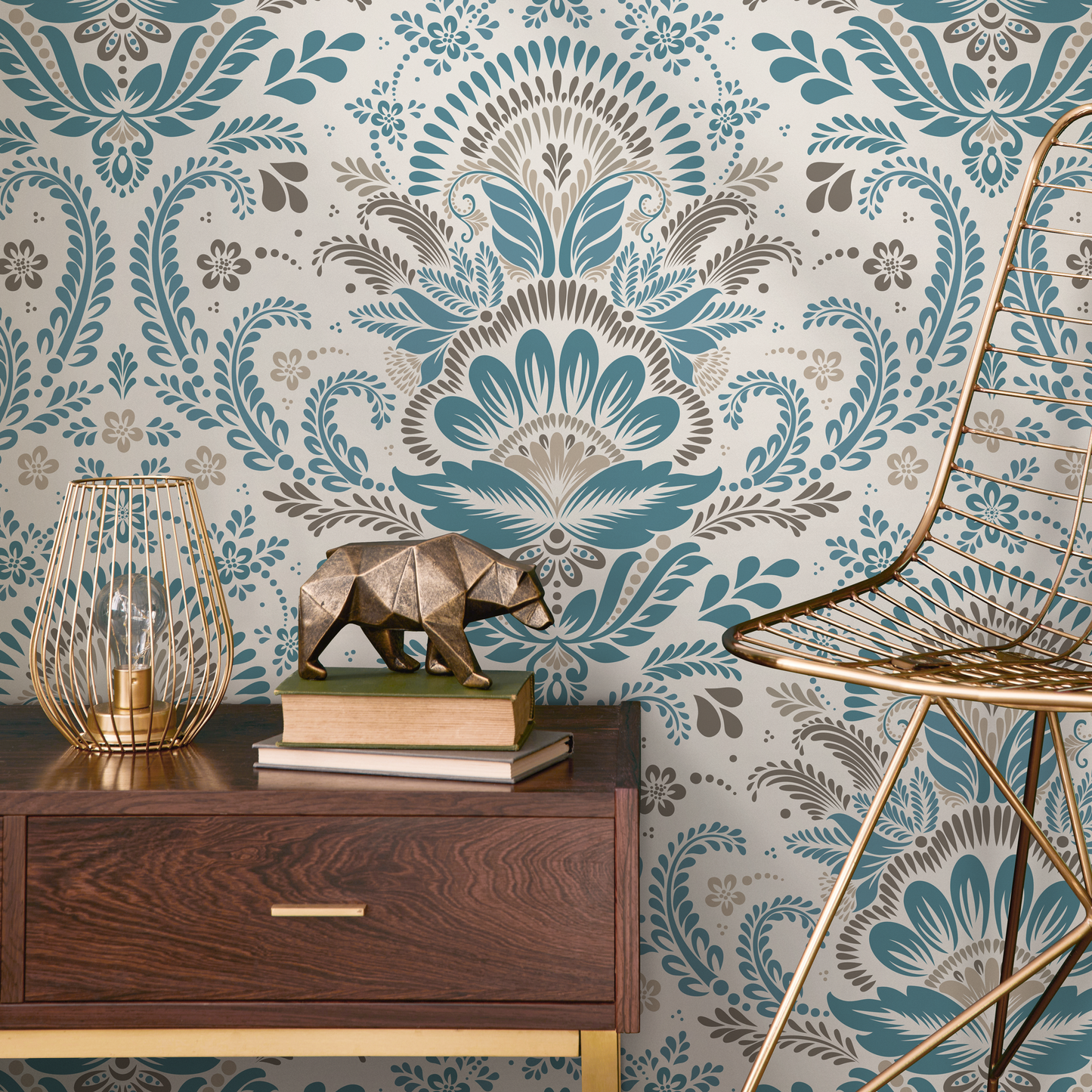 Blue and Beige Damask Wallpaper / Peel and Stick Wallpaper Removable Wallpaper Home Decor Wall Art Wall Decor Room Decor - D186