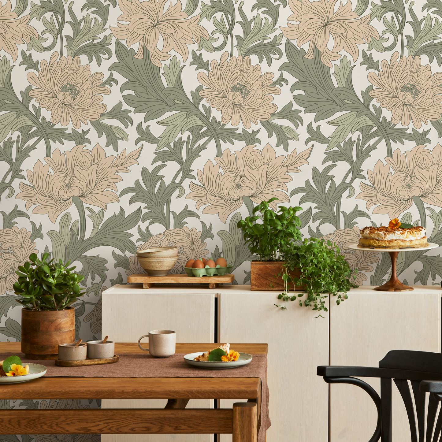 Floral Art Nouveau Wallpaper / Peel and Stick Wallpaper Removable Wallpaper Home Decor Wall Art Wall Decor Room Decor - D188