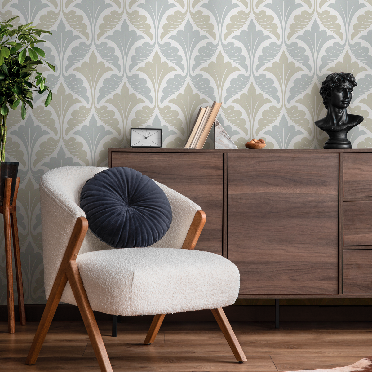 Damask Wallpaper with a Stylized Leaf Motif in Light Blue and Beige - detail view