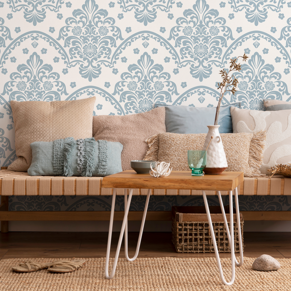 Damask Wallpaper with a Scalloped Floral Motif in Light Blue and Cream - detail view
