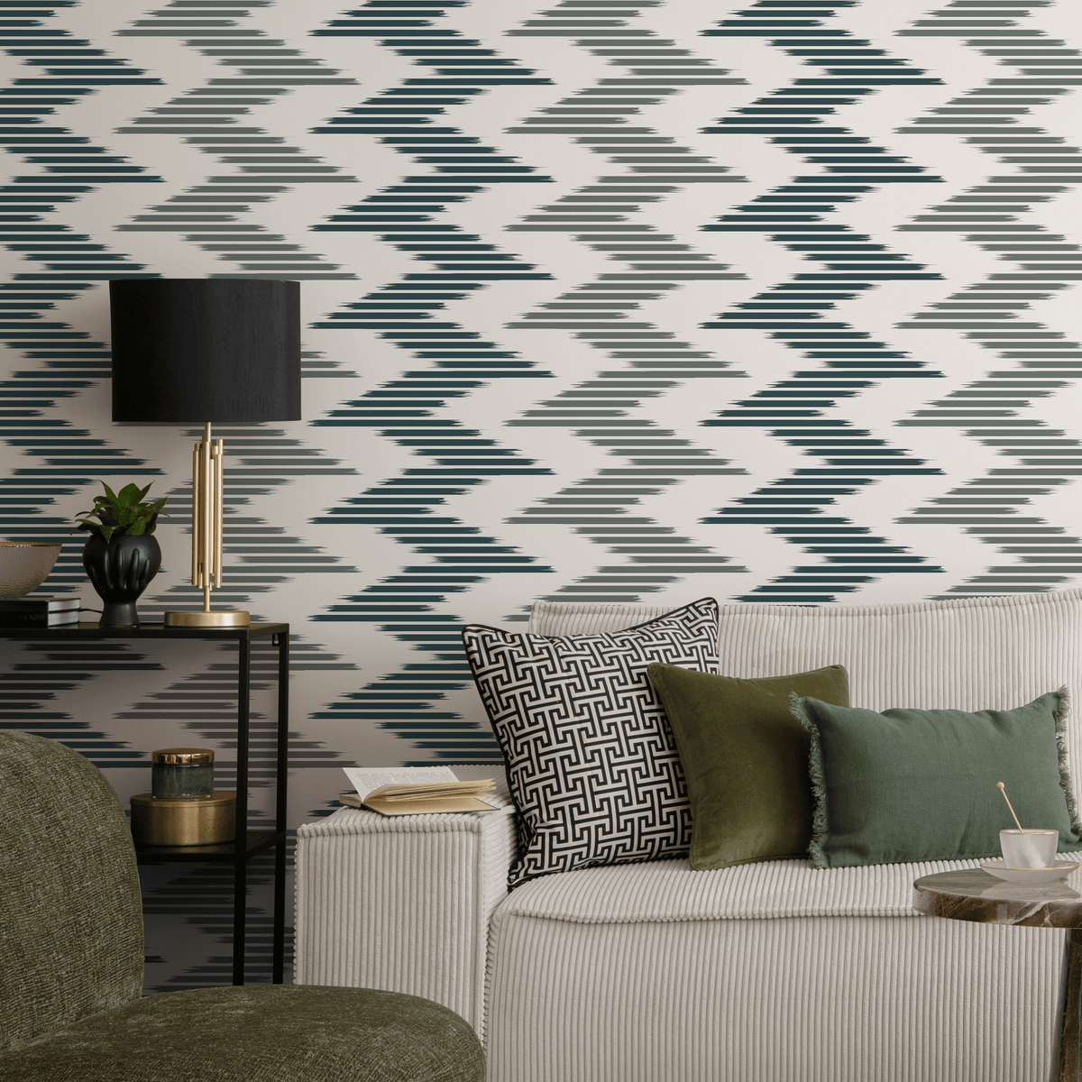 Geometric Wallpaper with an Ikat Chevron Motif in Teal and Sage Green - detail view