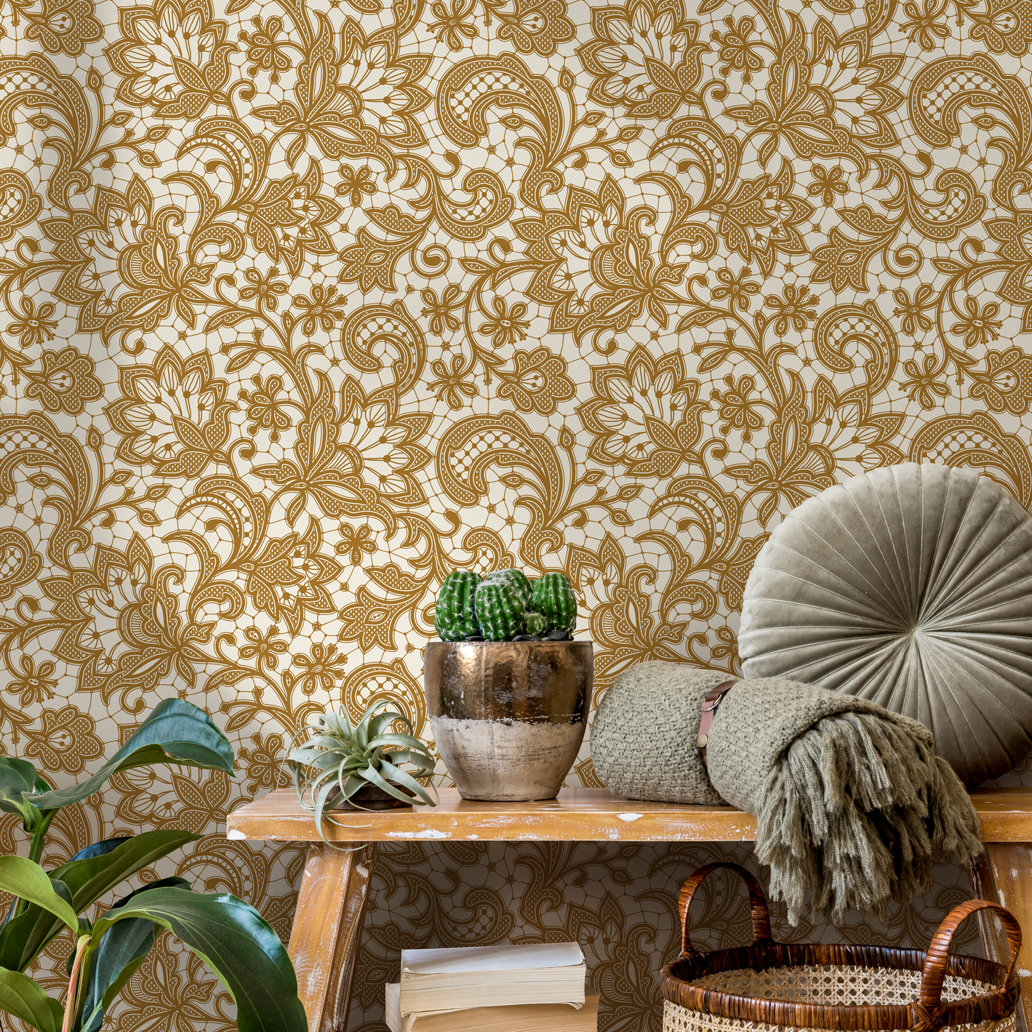 Yellow Ornamental Garden / Peel and Stick Wallpaper Removable Wallpaper Home Decor Wall Art Wall Decor Room Decor - D210