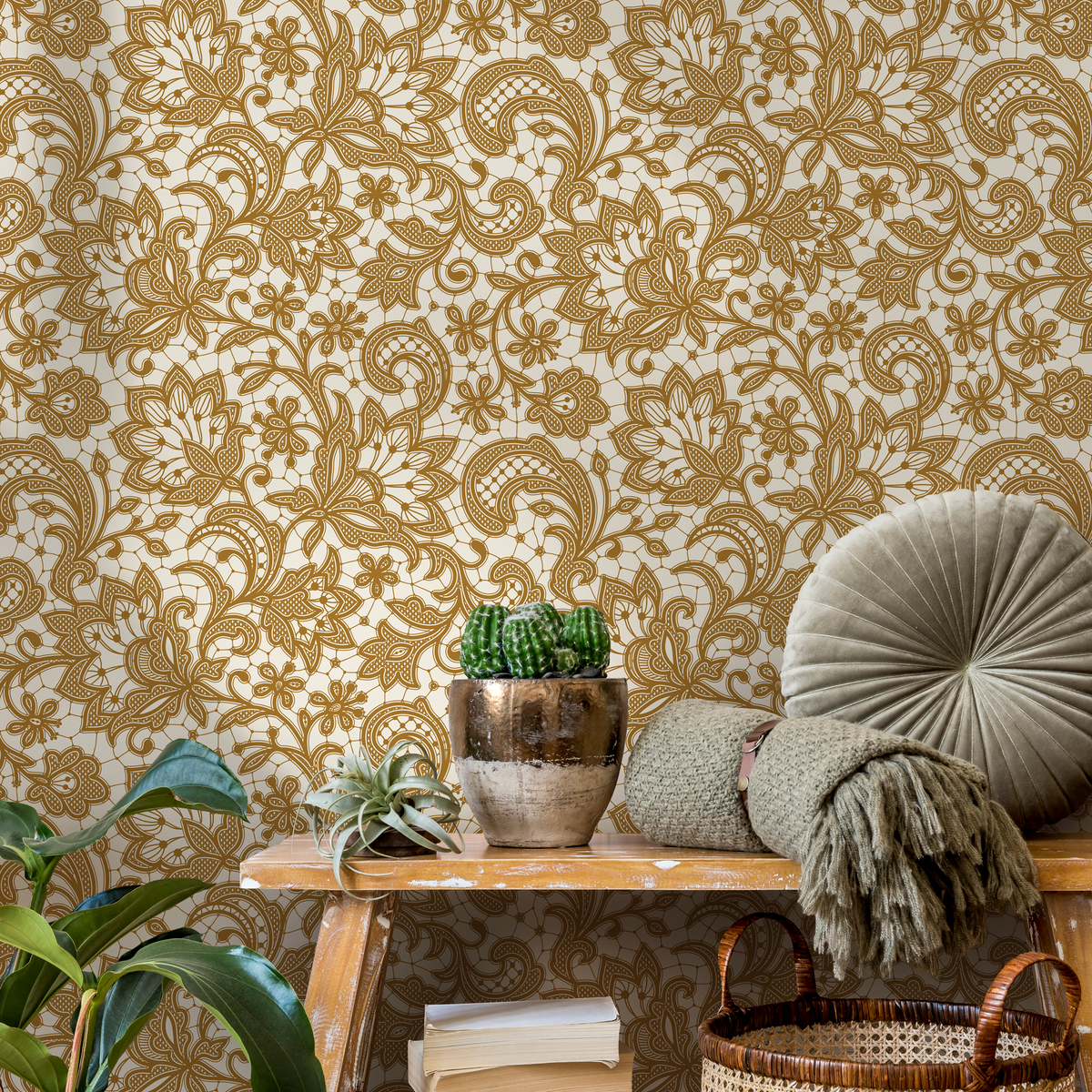 Ornamental Wallpaper with an Intricate Floral Lace Motif in Yellow - detail view