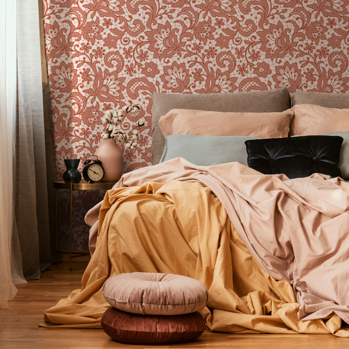 Lace Wallpaper with an Intricate Floral Motif in Terracotta Red - detail view