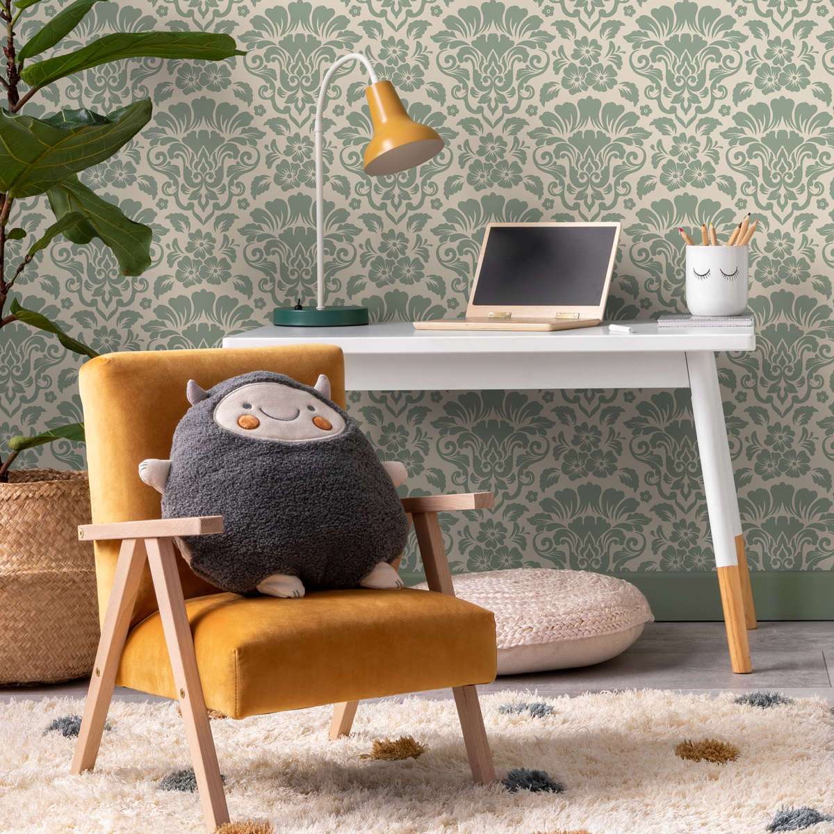 Damask Wallpaper with an Elegant Vintage Floral Motif in Mint and Beige - detail view
