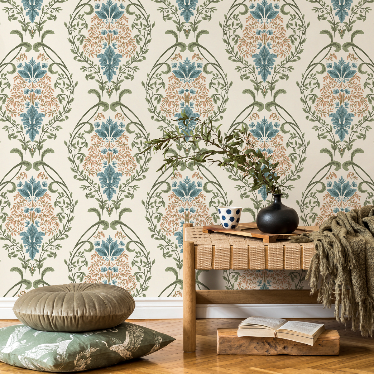Victorian Wallpaper with a Vintage Floral Damask Motif in Teal, Brown, and Green - detail view