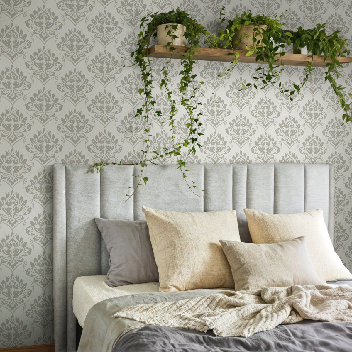 Damask Wallpaper with a Classic Ornate Motif in Greige and Cream - detail view