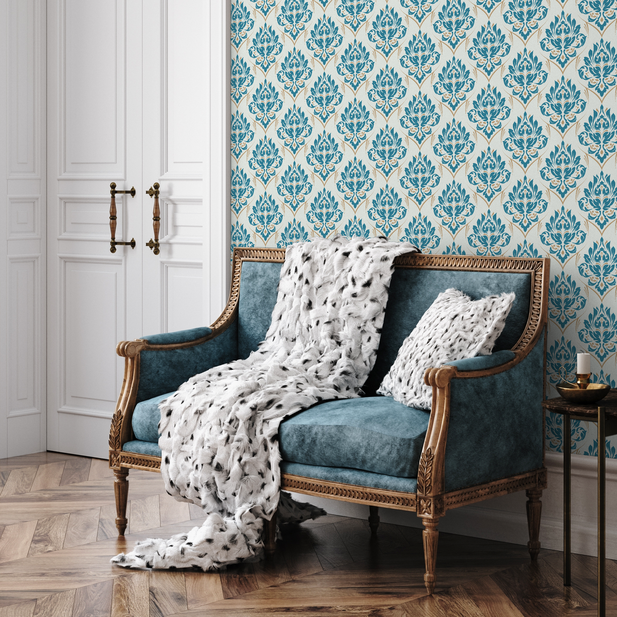 Damask Wallpaper with an Intricate Motif in Blue, Beige, and Cream - detail view