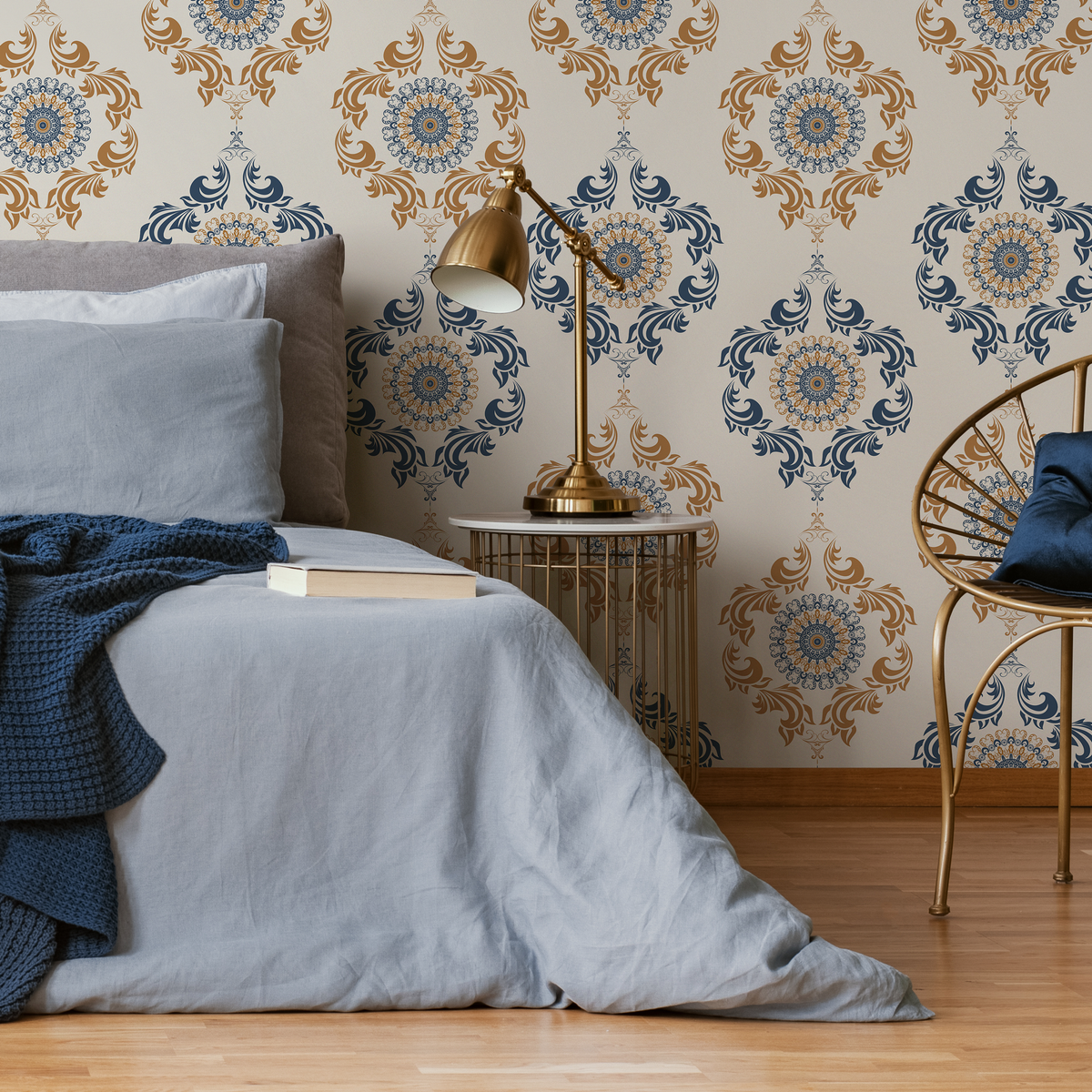 Ornamental Wallpaper with an Intricate Medallion Motif in Blue and Gold - detail view