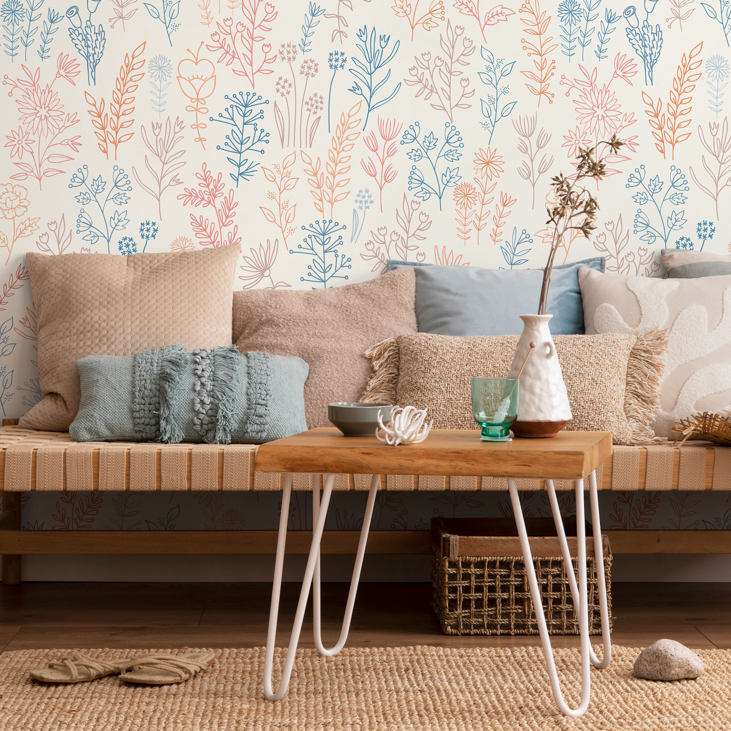 Cute Floral Wildflowers Wallpaper / Peel and Stick Wallpaper Removable Wallpaper Home Decor Wall Art Wall Decor Room Decor - D235