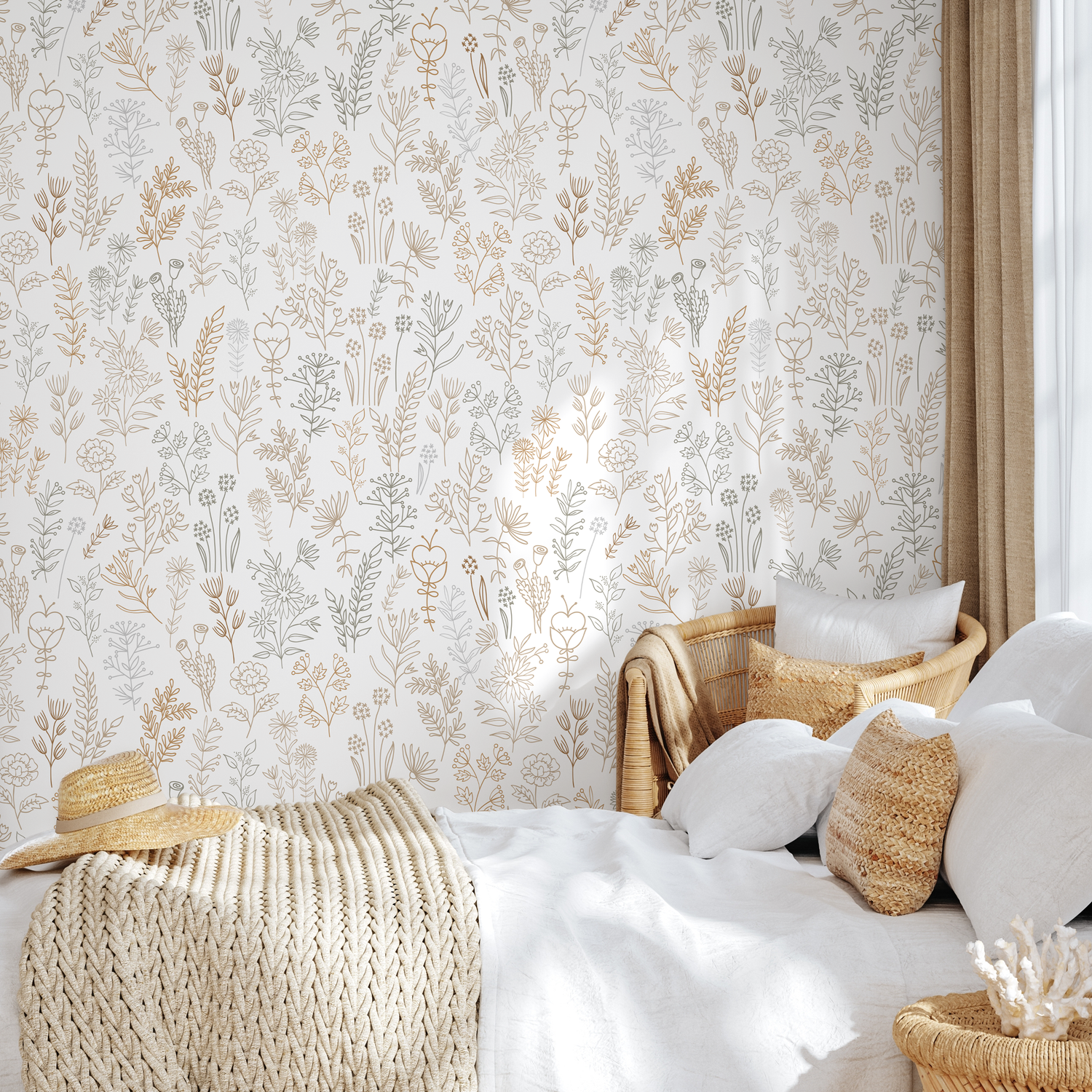 Botanical Wallpaper with Minimalist Wildflowers in Brown, Green, and Beige - D236