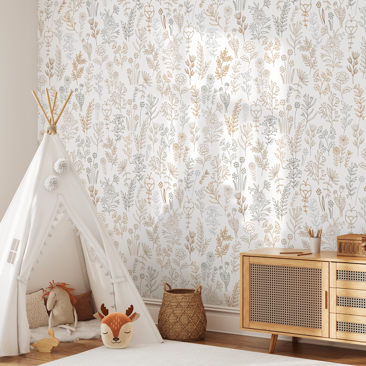 Botanical Wallpaper with Minimalist Wildflowers in Brown, Green, and Beige - D236