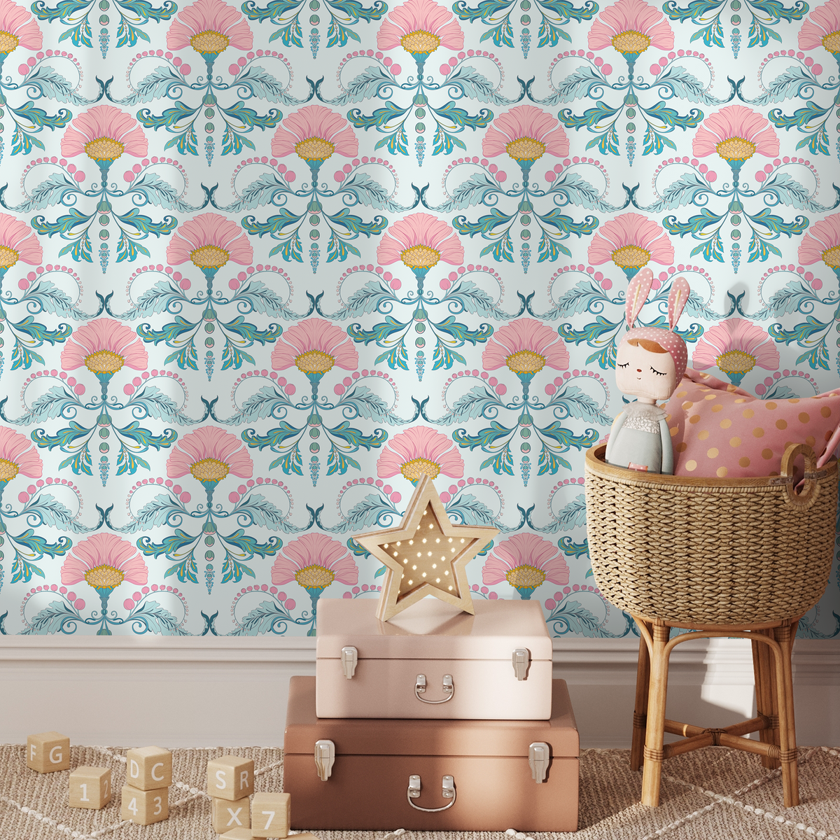Floral Wallpaper with a Stylized Damask Motif in Pink, Teal, and Yellow - detail view
