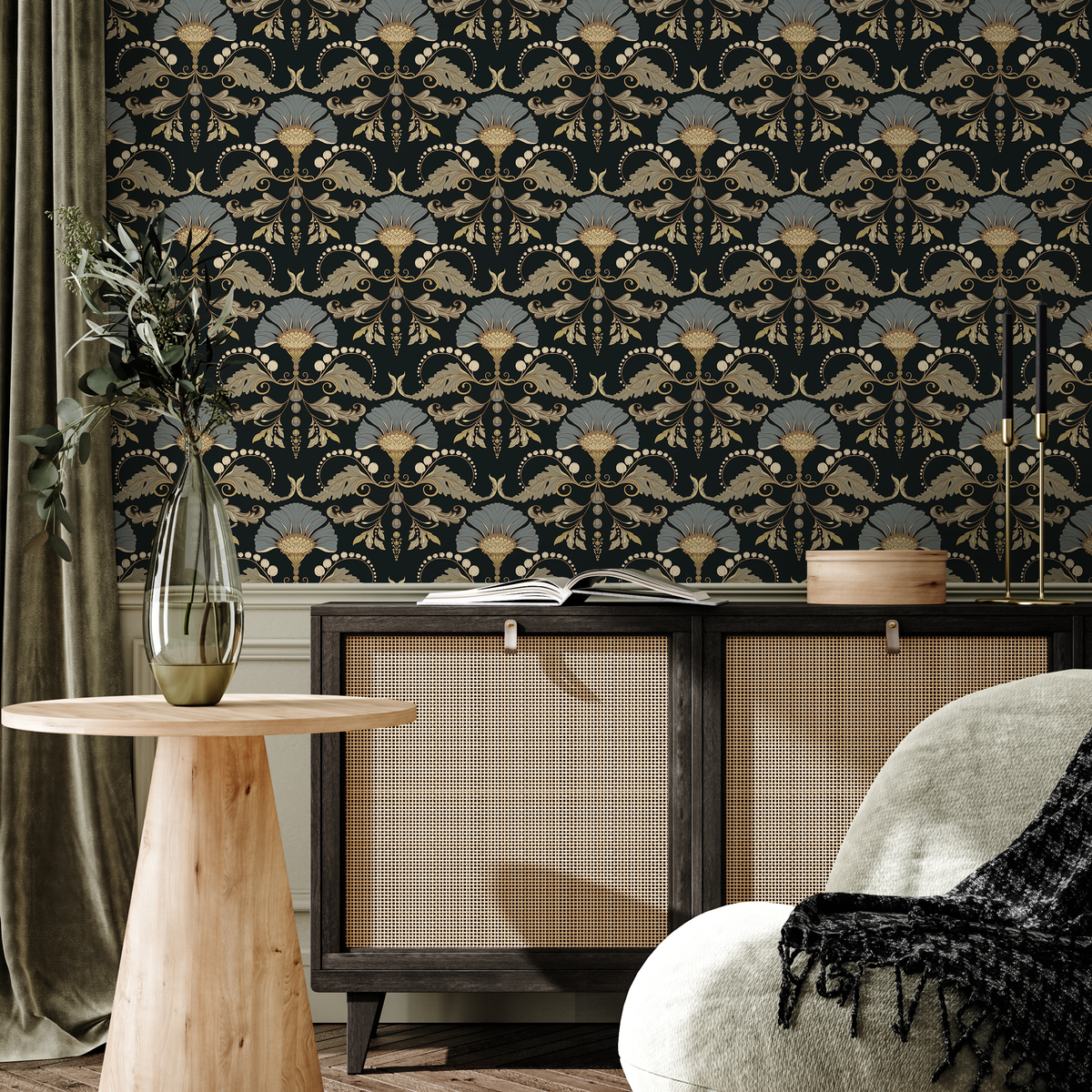 Vintage Wallpaper with a Floral Damask Motif in Black, Blue, and Gold - detail view