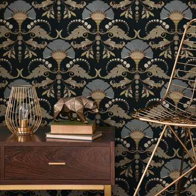 Black and Gold Damask Peel and Stick Wallpaper